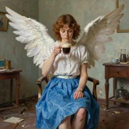 portrait painting of angel wearing a skirt drinks coffee in a shabby room by peter mohrbacher, bright colors, unreal engine 5 highly rendered, global illumination, high definition, accurate focus, digital, artistic, detailed and intricate environment