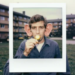 1970s polaroid male portrait of man with massive ears playing tiddly winks , british council estate background