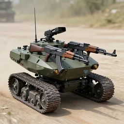 A tracked robotic fighting machine holding four AK-47s.