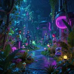 photo environment cyberpunk garden : 4, 4 k rtx hdr volume light concept studio matte painting environment digital illustration style cyberpunk artstation artur tarnowski, mihai muscan, marcin tomalak, marta leydy, marcin stepien, charlotte hughes, zuzanna dabrowa neon bioluminiscence