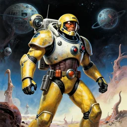 space marine exploring an alien planet, art by jim burns and wayne barlowe, retro sci - fi, key visual, illustration, sharp focus, colorful, highly detailed