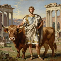 idealized oil painting portrait of a man wearing a roman toga, posing with a highland cow, in the roman forum with no cropping.