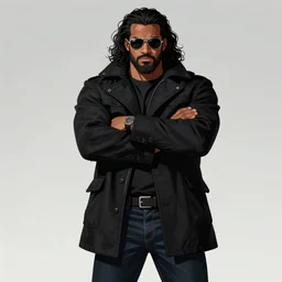Picture of a male biker, tough, burly, dark skin, jet black tuffe coat, aviator shades, dark blue jeans, long curly hair, unkempt beard, serious look, armfold pose!, smooth, sharp focus, digital illustration, artstation