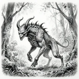 a detailed pencil drawing of a demonic creature roaming the woods, done in the style of Stephen Gammell, trending on artstation
