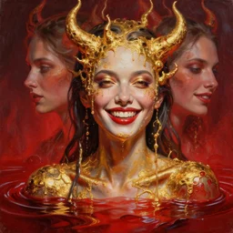 3 d, close - up, boiling liquid gold and red water, smiling fashion model, poster art, high detail, intricate oil painting, multiple exposure, hell mood, hyperrealism, 3 d, by tooth wu and wlop and beeple and greg rutkowski