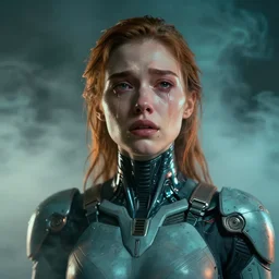 ( ( symmetry ) ) closeup portrait of a stunning cyborg girl crying in tears, jumpsuit angular armor, strong cinematic light, teal orange, viscous volumetric smoke, mist, by gerald brom, by mikhail vrubel, by peter elson, muted colors, extreme detail, trending on artstation, 8 k