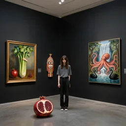 a flooded art gallery, paintings on black walls, a tall emo girl holding celery, aboriginal art sculpture, pomegranates, octopus, waterfall, zen, black swans, berries, surrealist, by magritte and monet