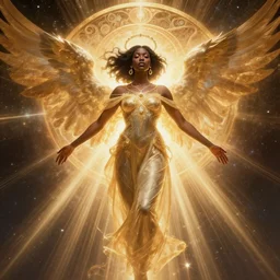 black african princess, warm volumetric lighting, cosmic, symmetric, highly detailed, elegant, concept art, heavenly, angelic, god rays, glowing aura, light speed, intricate, sharp focus, illustration, alexandros pyromallis, bouguereau, rutkowski, artgerm, alphonse mucha