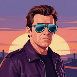portrait of tom selleck with light blue shutter shades in front of a sunset, a dark purple leather jacket, vector art by jan tengnagel, pixabay contest winner, retrofuturism, retrowave, synthwave, outrun