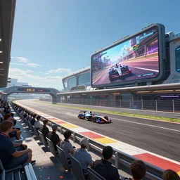 wide angle shot of a futuristic racetrack from the attendee stands with confetti on a sunny day with a clear blue sky and big tv screens in the background showing the car race, cyberpunk, profile shot, digital painting, good value control, unreal engine 5, 8 k, ray tracing, ambient occlusion, ps 5, fourze, realistic textures, wipeout 2 0 4 8, f - zero