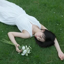 a woman lying in the green lake, top angle, white dress, sad expression, flowers, rob gonsalves style, very soft and detailed, realistic, matte painting.