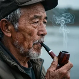 a closeup of an old fisherman with a short beard, smoking a pipe