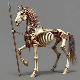 colorful | vibrant | a spiked detailed horse skeleton with armored joints stands with halberd in hand | massive shoulderplates | extremely high details | realistic | fantasy art | solo | masterpiece | bones | ripped flesh | art by zdzisław beksiński | arthur rackham | dariusz zawadzki | harry clarke