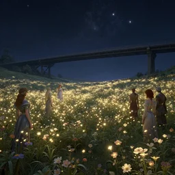 a fantasy landscape with an empty field of glowing flowers and a bridge in the sky, stars, ultra realistic, concept art, intricate details, eerie, highly detailed, photorealistic, octane render, 8 k, unreal engine. art by rebecca guay and artgerm and greg rutkowski and charlie bowater and magali villeneuve and alphonse mucha