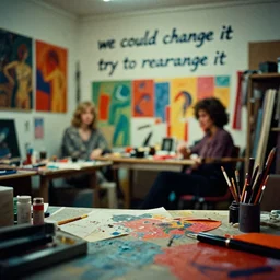 dramatic scene shallow depth of field medium shot uncanny surreal photograph of a colorful intimate art studio in 1 9 9 5 titled'we could change it try to rearrange it ', photographed by william eggleston and ken price and man ray, grainy shocking detail trending on artstation 8 k