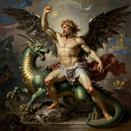 Heracles slaying the Lernaean Hydra, by Rolf Armstrong and Evelyn De Morgan, dramatic lighting, high contrast colors, baroque, empyrean, panoramic view, as trending on Artstation, highly detailed, doom engine,