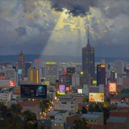 the most beautiful panoramic landscape, oil painting, large buidlings and billboards, neonsigns by greg rutkowski