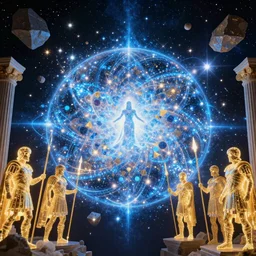 a planet exploding with glittery sparkle light, mostly blue with some gold colors, background of bits of roman pillars flying in space, glowing roman soldiers with glowing spears and swords, one centered astral all-knowing being watching over the battle