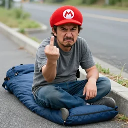 a homeless angry man wearing mario's hat pointing the middle finger at the camera, on the side of a road, he is sitting on a sleeping bag.