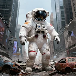 frazetta style!!! american white spacesuit chubby astronaut in giant postapocalyptic abandoned destroyed times square, wrecked buildings, destroyed flipped wrecked cars