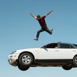 man jumping on a flying car