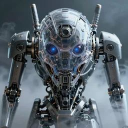 very up close portrait, of super advanced nano metal military robot armed with future technology hidden in smoke ， transparent shell ， full face frontal centered ， mysterious eyes, with complicated metal mechanical cameras, ultra detailed wire decoration ， micro detail, by nixeu and guweiz weta, sleek curves, intricate sharp focus, trending on artstation hq, deviantart, pinterest,