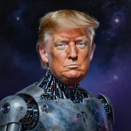 portrait of a robot!!!! that looks exactly like donald trump, cosmic horror painting, elegant intricate digital painting artstation concept art by mark brooks and brad kunkle detailed
