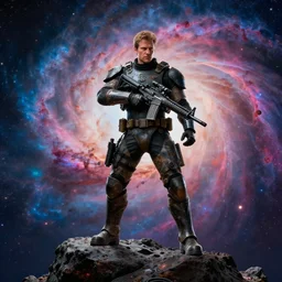 movie still frame, armored sniper in epic pose standing on an asteroid, a psychedelic nebula in the background, intricate details, beautiful composition, 8 k, cgi, by ridley scott, james cameron, zack snyder and michael bay