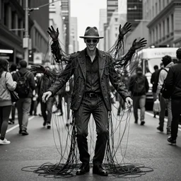 ! dream full body shot of an enigmatic mysterious man, smiling, face unseen by wearing a woven fedora and chopard sunglasses, expensive outfit, elegant, casual, intricate, stands amongst a crowded street of ny, the man summon numerous invisible hand - like appendages from his body, made out of dark strings