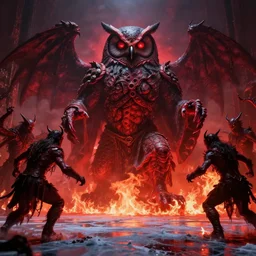 gigantic supreme owl god moloch in hell surrounded by demons, in a frenzy of war, frozen lake of fire, red light, flames, darkness, photograph, realistic, john carpenter movie, cinematic