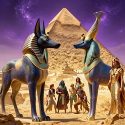 highly detailed vfx portrait of a egyptian god anubis talking to horus with pyramid behind them, sky galaxy purple, unreal engine, greg rutkowski, loish, rhads, beeple, makoto shinkai and lois van baarle, ilya kuvshinov, rossdraws, tom bagshaw, alphonse mucha, global illumination, detailed and intricate environment