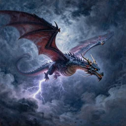 A beautiful, very highly detailed oil painting of an ancient lightning dragon flying through the clouds in the middle of a huge rainstorm in the middle of the night, by Afremov and Greg Rutkowski