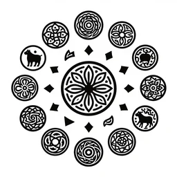 vector art of old symbols on perfect clean black background arranged in a circle, featured on behance, clean design, celtic, nordic, spiral design, animals, geometric design, vector art, adobe illustrator,