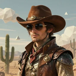 steampunk cowboy in the wild west with polygonal clouds and cactus, light dust, magnificent, close up, triangles in background, details, sharp focus, elegant, highly detailed, illustration, by jordan grimmer and greg rutkowski and pine ( ハイネ ) and 薯 子 imoko and 香 川 悠 作 and wlop and maya takamura, intricate, beautiful, trending artstation, pixiv, digital art