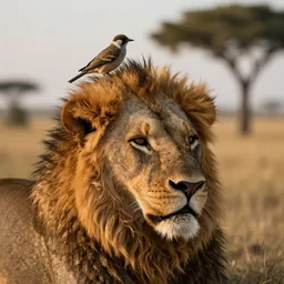 a full head portrait, detailed photograph of a dreaming lion head with a little bird on it, beautiful low light, savana background, volumetric evening lights, photorealism, hasselblade shot, 4 5 mm, by franz lanting