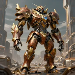 realistic ancient mecha in a futuristic landscape designed by makoto kobayashi and luca zampriolo, portrait, cyberpunk style, wood and gold details, intricate, extremely detailed, ornate, deep of field, hard surface, exoskeleton, substance designer metal