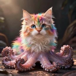 cute fluffy kitten with rainbow fur and fluffy octopus legs, cinematic lighting, portrait, digital art,
