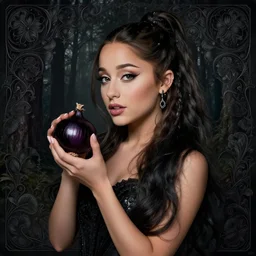 beautiful cottagecore Ariana Grande holding a Black Onion, Black Hair, dark forest, intricate, elegant, highly detailed, digital painting, artstation, concept art, smooth, sharp, focus, illustration, art by artgerm and greg rutkowski and alphonse mucha