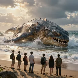Professional photograph, long shot, people look anxiously at a huge creature washed up on the beach.