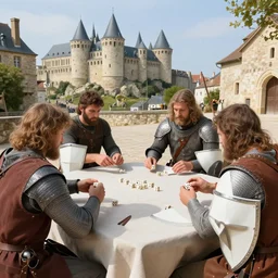 medieval people playing dieces in city of carcassonne, there are few plain white shields on the same table they are using to play dices by stanley artgerm lau, wlop, rossdraws, frank frazetta, andrei riabovitchev, marc simonetti, tranding on artstation