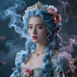 seed 3349310207 a portrait of a girl simulated by smoke and flowers blue and pink,hyper realistic,cinematic lighting,cinematic lighting ,hyper realistic,inspired by rococo ,baroque,highly detailed ,octane render,8k render, matte painting, concept art, hdri, 4k 3349310207