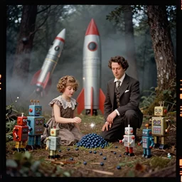 kodak portra 4 0 0, wetplate, colourful, blueberry, 1 9 3 0 s style, motion blur, portrait photo of a backdrop, rockets, bombs, sparkling, tin toy robots in a forest, haze, fog, by georges melies and by britt marling
