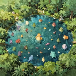 lake bled of slovenia inhabited by cute lake monsters and water creatures, aerial view, natural lighting, playful color scheme, intricate details, matte painting, illustration, by hayao miyazaki
