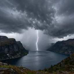 a dramatic landscape photo by ryan dyar of a thunderstorm and fjord, highly detailed, 8 k
