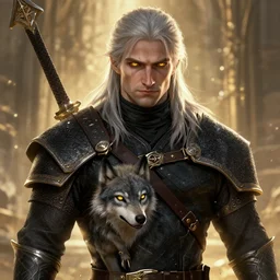 dream Geralt of Rivia, golden eyes, silver hair, wolf pedant, 4k, artstation, cgsociety, award-winning, masterpiece, stunning, beautiful, glorious, powerful, fantasy art
