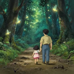 on the road, muddy swamps and thorns, dad and mom took their daughter's hand and walked with difficulty, in the distance is the enchanted forest, there is a gentle light in the darkness and the glowing wings of the pixies flashing in the forest, the whole forest radiated a sacred light, studio ghibli style