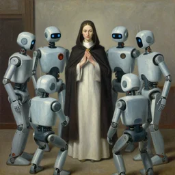 robots surrounding a priestess, ( ( ( grant wood ) ) ), pj crook, ( ( ( edward hopper ) ) ), oil on canvas