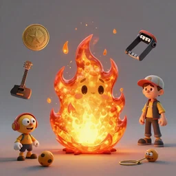 a cartoony fire, various items, in the style of Rayman origins, michael ancel, Ruan Jia and Mandy Jurgens and Greg Rutkowski, trending on Artstation, award winning, unreal engine, octane render H 1024