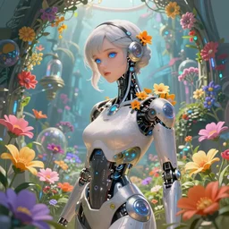 kind cyborg girl with flowers, elegant, scifi, futuristic, utopia, garden, colorful, vibrant, dreamy, illustration, atmosphere, top lighting, blue eyes, focused, artstation, highly detailed, art by yuhong ding and chengwei pan and serafleur and ina wong