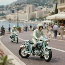 beautiful hyperrealism three point perspective film still of a monaco oceanfront promenade with ( 1 9 7 0 s ) motorcycle scene in ronin ( 1 9 9 0 ) extreme closeup still life portrait in style of frontiers in translucent porcelain miniature street photography fashion edition, tilt shift style scene background, soft lighting, kodak portra 4 0 0, cinematic style, telephoto by emmanuel lubezki